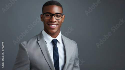 A smiling young man in a suit and tie with glasses, exuding confidence and friendliness.