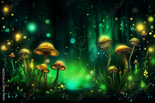 Dark enchanted forest with glowing mushrooms and fireflies at night