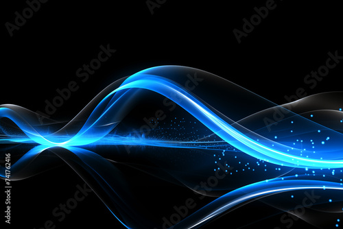 Abstract blue glowing waves with light particles on dark background