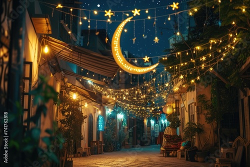 Evening street view with glittering crescent moon and stars for Ramadan.