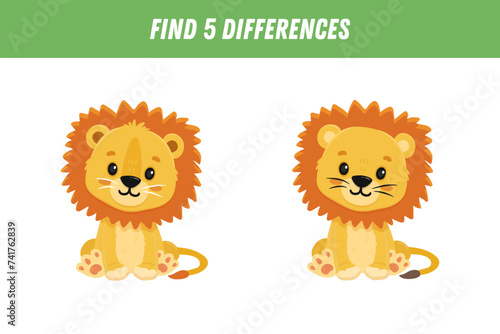 Find three differences between two pictures of cartoon lion. Cute king lion. Vector