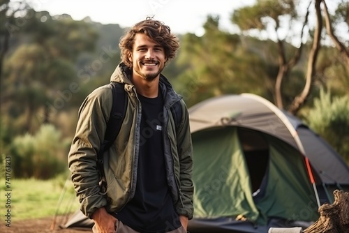 Portrait of a smiling young man standing in front of his tent