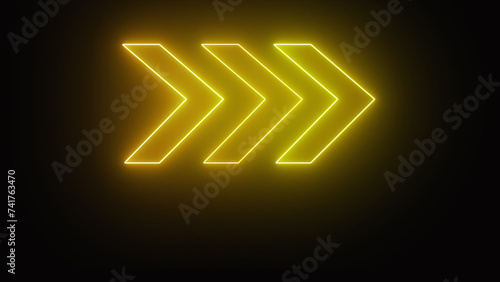 Right yeloow neon 3 arrows on a black background