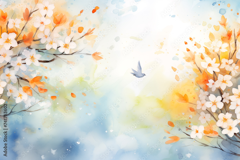 Watercolor illustration of blossoms and flying bird in spring