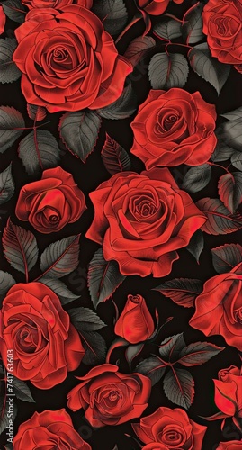 Vibrant red roses on dark background pattern