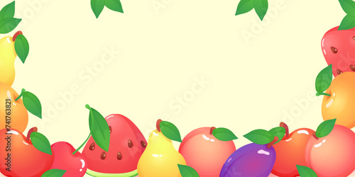 Set of cute flat vector fruits and berries:apple, strawberry, raspberry blackberry, currant, peach, watermelon, grapes, plum, cherry, pear, tangerine, gooseberry, black currant, pineapple, lemon.