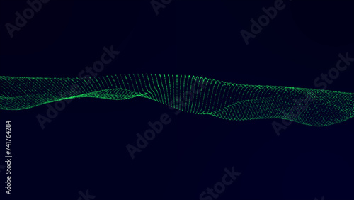 Flowing green dots particles wave pattern halftone gradient curve shape isolated on blue background. photo