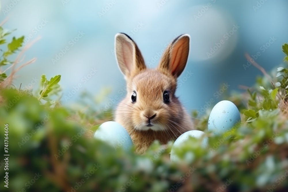 Easter bunny, pastel blue, violet and green eggs on grass, holiday greeting card with copy space Easter bunny, pastel blue, violet and green eggs on grass, holiday greeting card with copy space