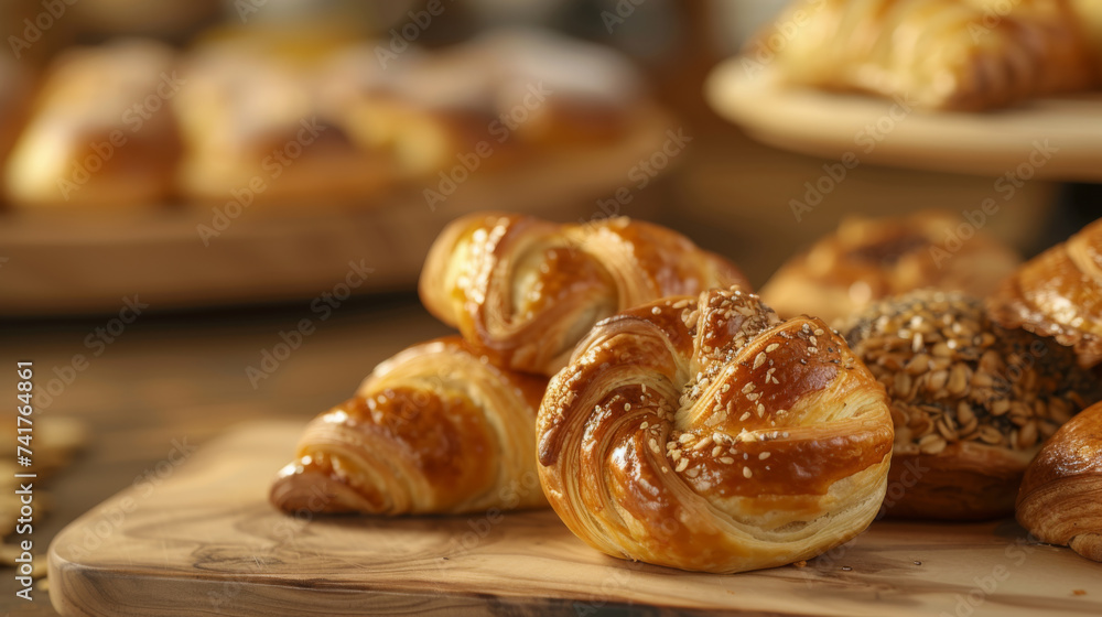 assortment of freshly baked breads and pastries, arranged in wicker baskets and on shelves assortment of freshly baked breads and pastries, arranged in wicker baskets and on shelves