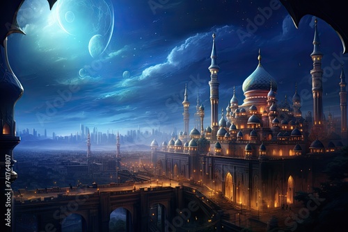 Ramadan Kareem with a beautiful backdrop of Islamic architecture photo