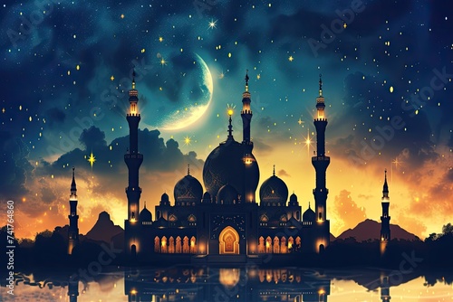 Ramadan Kareem with a beautiful backdrop of Islamic architecture