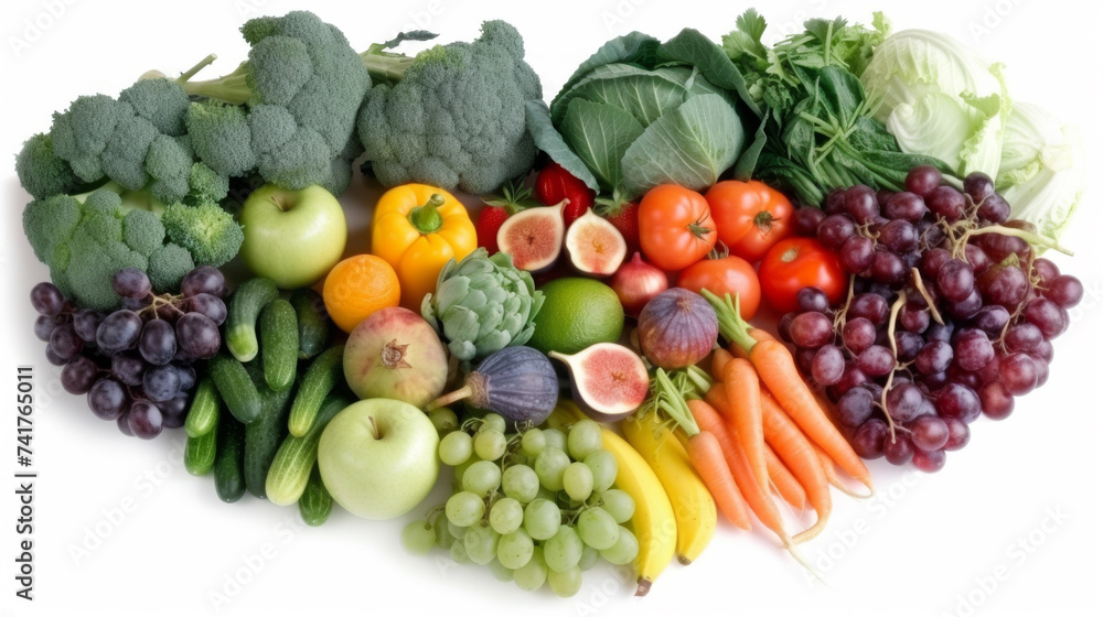 variety of colorful fruits and vegetables arranged in a semicircle on a white background, creating a visual representation of a healthy diet. variety of colorful fruits and vegetables arranged in a semicircle on a white background, creating a visual representation of a healthy diet.