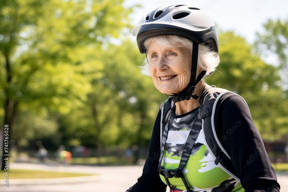 Elderly woman wearing helmet standing in park and looking at camera Elderly woman wearing helmet standing in park and looking at camera