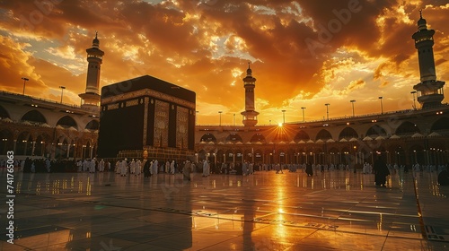 Sacred Serenity. The Kaaba Bathed in the Golden Light of Twilight with Praying Pilgrims.