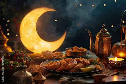 Ramadan-specific foods against a backdrop of an illuminated crescent moon