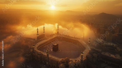 Sacred Serenity. The Kaaba Bathed in the Golden Light of Twilight with Praying Pilgrims.