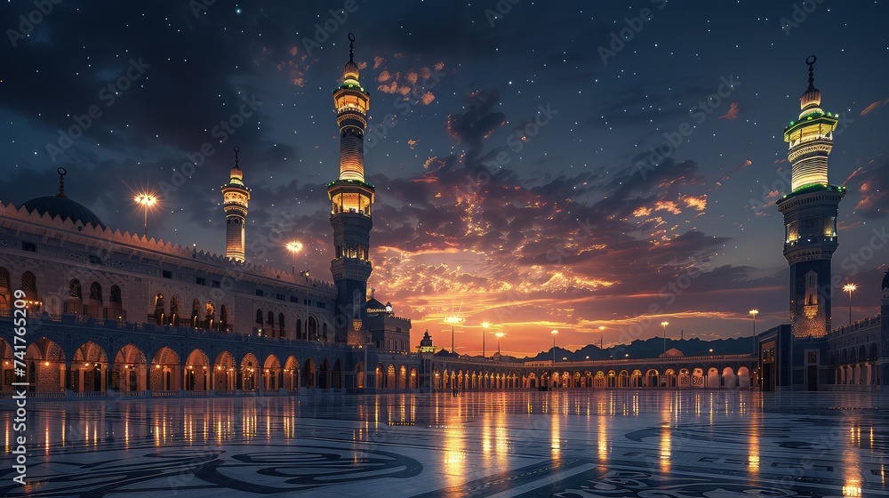The beauty of twilight at the Nabawi Mosque, Medina - obrazy, fototapety, plakaty 