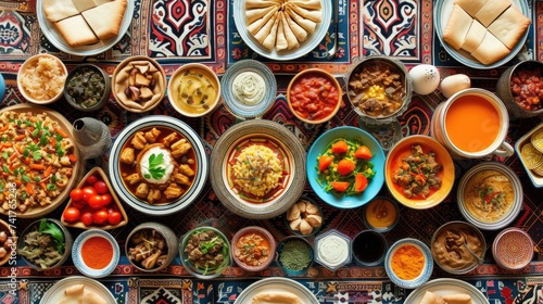 Sehr and Iftar meal against a traditional Arabic pattern background