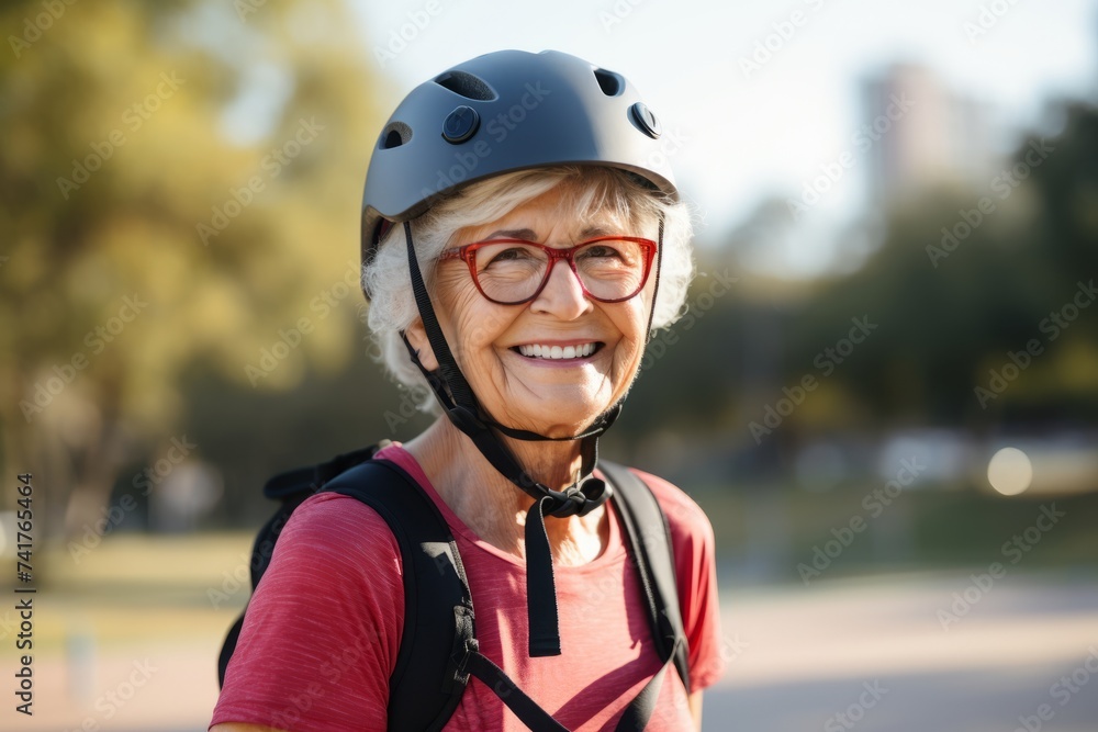 Portrait of happy senior woman in helmet and glasses at the park Portrait of happy senior woman in helmet and glasses at the park