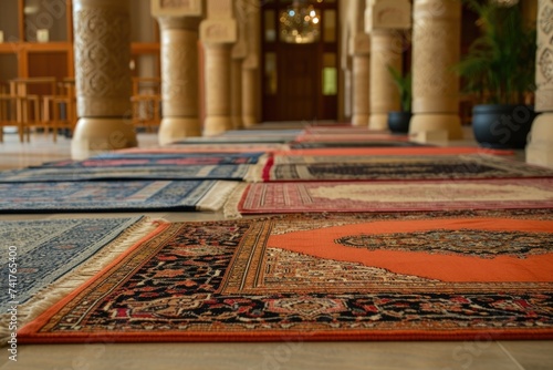 Several prayer rugs arranged in a row, preparing for Salat al-Eid