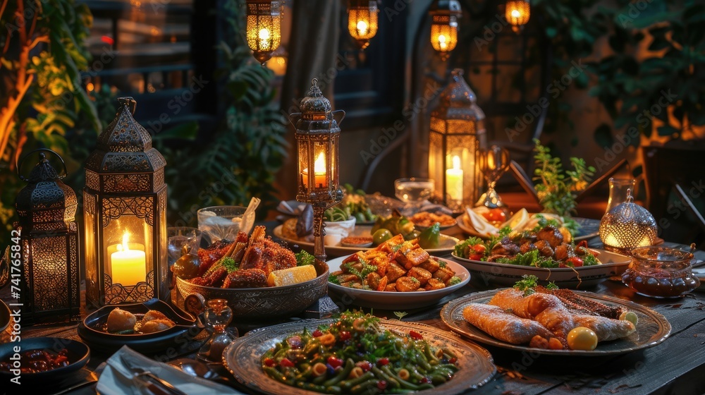 Table set with Ramadan food specialties, with a lantern-lit ambiance