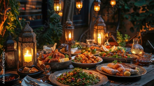 Table set with Ramadan food specialties, with a lantern-lit ambiance