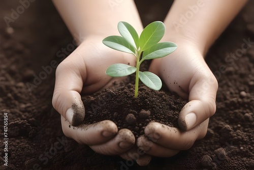 New life and growth concept. Seed and planting concept. Close up of gardener hands holding seedling. Hands are holding sapling with soil in cupped hands. Earth day concept.