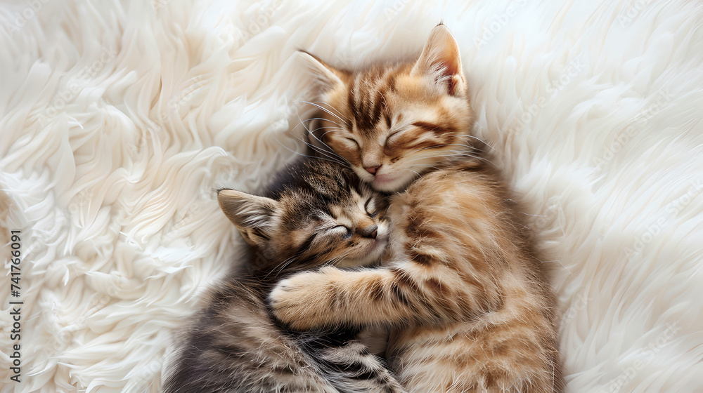 close up of two young cats sleeping on fluffy bed blanked hugging each other close up of two young cats sleeping on fluffy bed blanked hugging each other