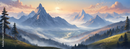 Dawn in the mountainous landscape—mist shrouding the peaks—presenting a captivating and serene nature illustration.