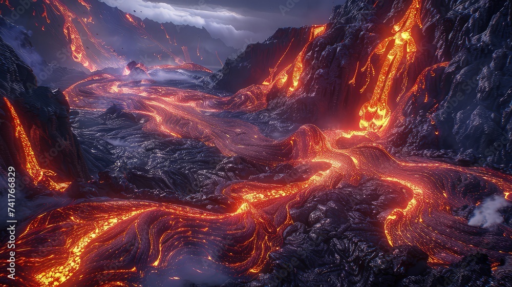 Mesmerizing Top-Down Shot of Fiery Magma Flowing Through Volcanic Landscape Mesmerizing Top-Down Shot of Fiery Magma Flowing Through Volcanic Landscape