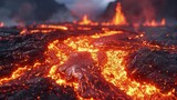 Close-Up View of Flowing Molten Lava: A Spectacle of Intense Heat