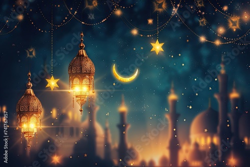 Depiction of night sky with crescent moon and star symbols traditionally associated with Ramadan photo