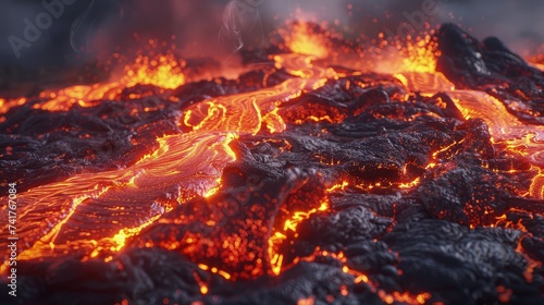 Close-Up View of Flowing Molten Lava: A Spectacle of Intense Heat