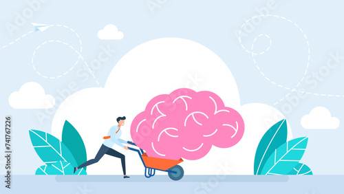 A businessman is carrying a giant brain on a wheelbarrow. Man with creative thinking. Concept of brainstorm. Man coming up with ideas and brainstorming during rush of inspiration. Vector illustration