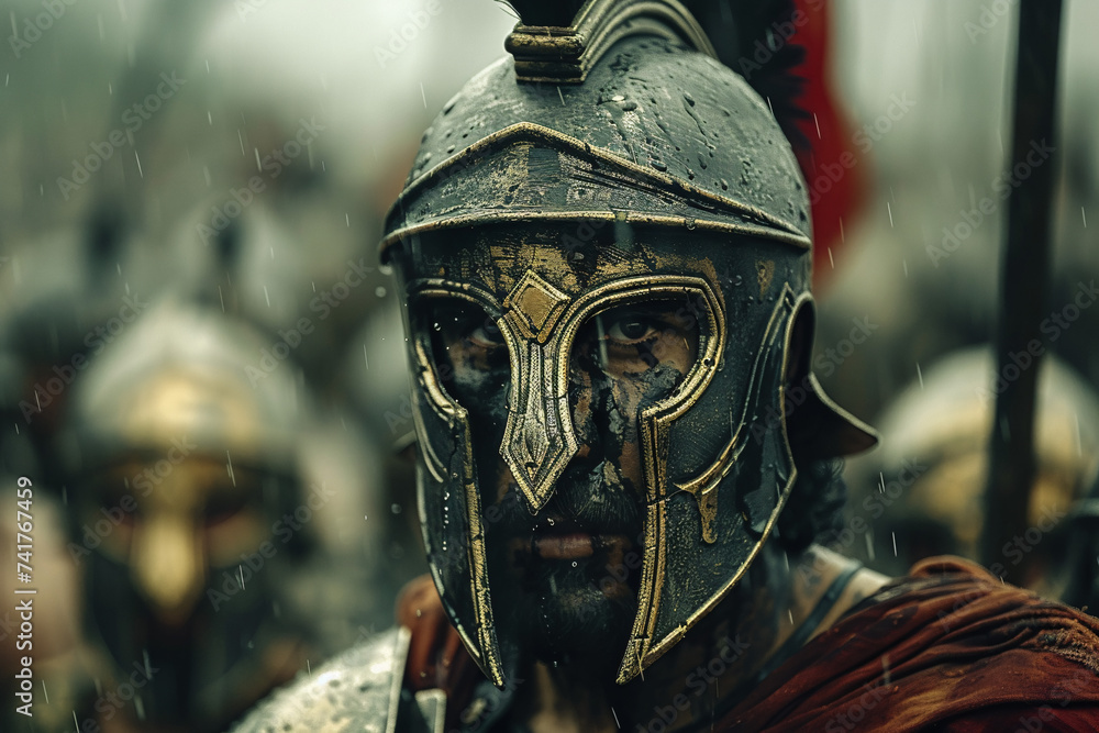 Ancient warrior in helmet with other warriors in background Ancient warrior in helmet with other warriors in background