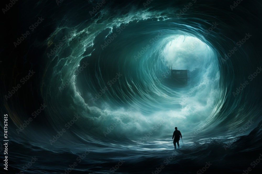 Surreal digital artwork of a man facing a massive oceanic vortex with a ship in the background - obrazy, fototapety, plakaty 
