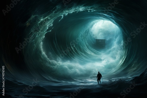 Surreal digital artwork of a man facing a massive oceanic vortex with a ship in the background