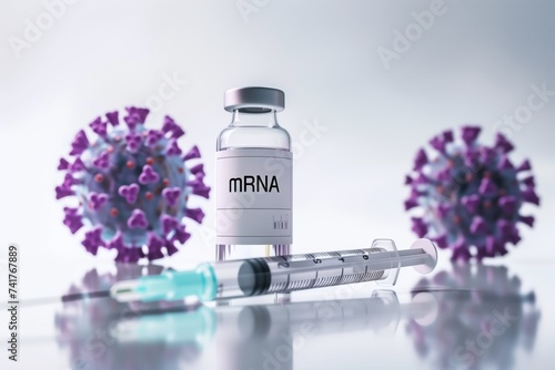 syringe and bottle mRNA Vaccines and coronavirus on a white background, COVID-19 Vaccine