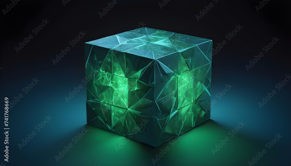 Geometrical pattern low-poly crystal green cube on dark background Geometrical pattern low-poly crystal green cube on dark background