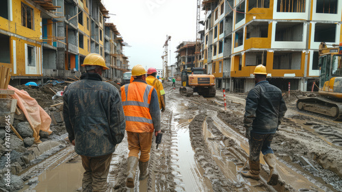 Group of construction workers on building site ,generative ai