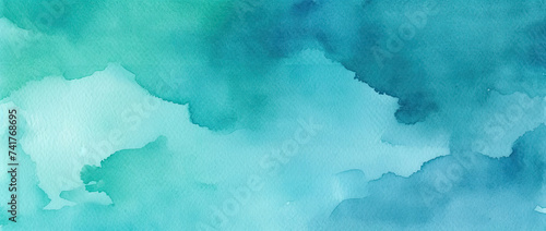 Blue and Green Watercolor Background With White Clouds