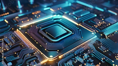 Electronic circuit board close up. Central Computer Processors CPU concept. Ai computer data center render. photo