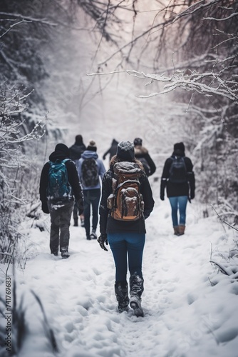group of people walking well covered and with backpacks through the snow