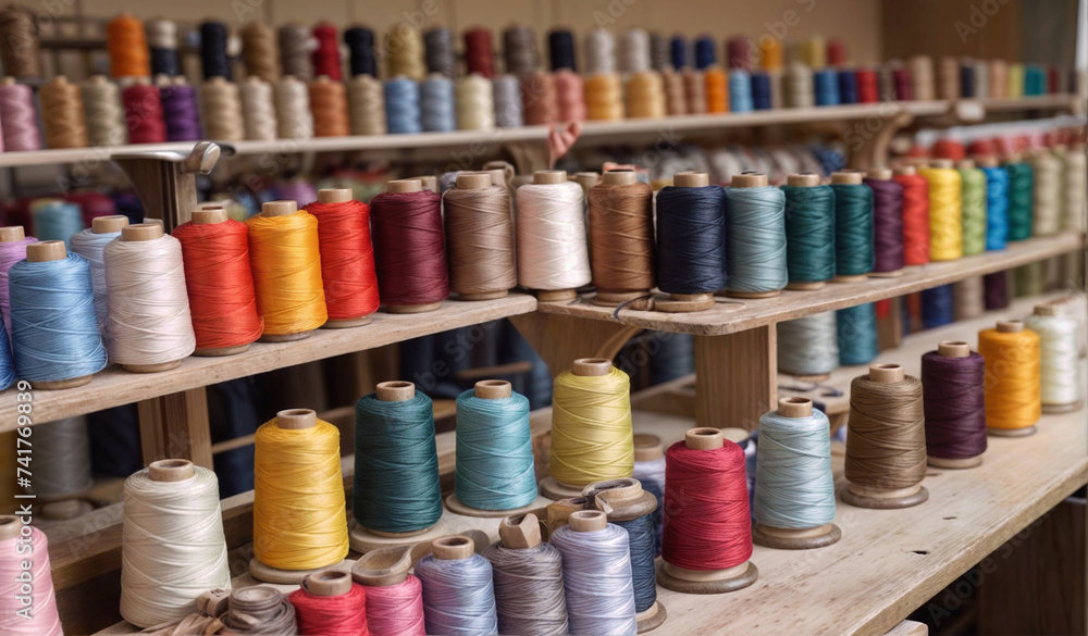 Spools of different color thread spool on table, showcases the extensive range of thread options for sewing and crafting Spools of different color thread spool on table, showcases the extensive range of thread options for sewing and crafting