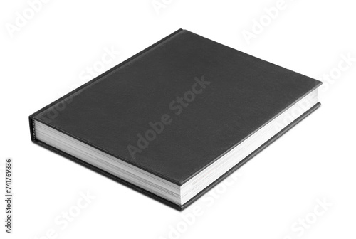 One closed black hardcover book isolated on white