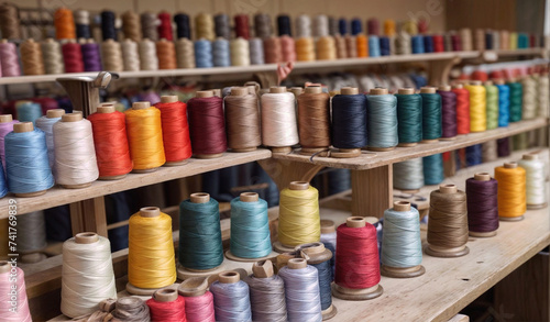 Spools of different color thread spool on table, showcases the extensive range of thread options for sewing and crafting