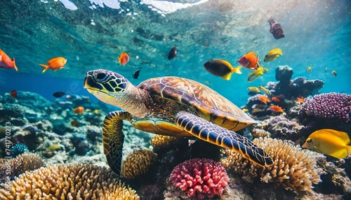  turtle with group of colorful fish and sea animals with colorful coral underwater in ocean 