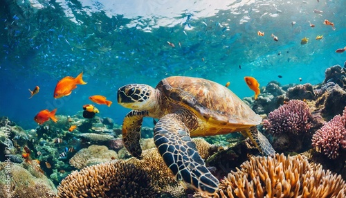  turtle with group of colorful fish and sea animals with colorful coral underwater in ocean  © wiizii