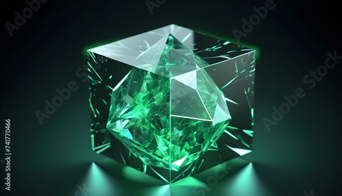 Geometrical green crystal cube with inner light isolated on black background © Lied