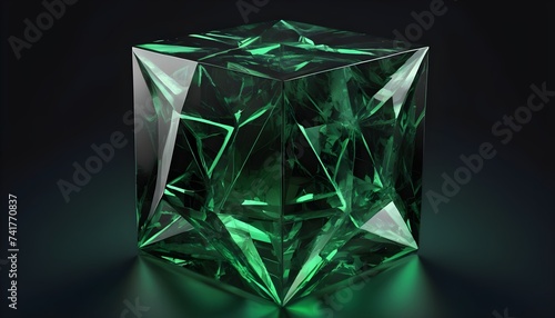 Geometrical green crystal cube with inner light isolated on black background